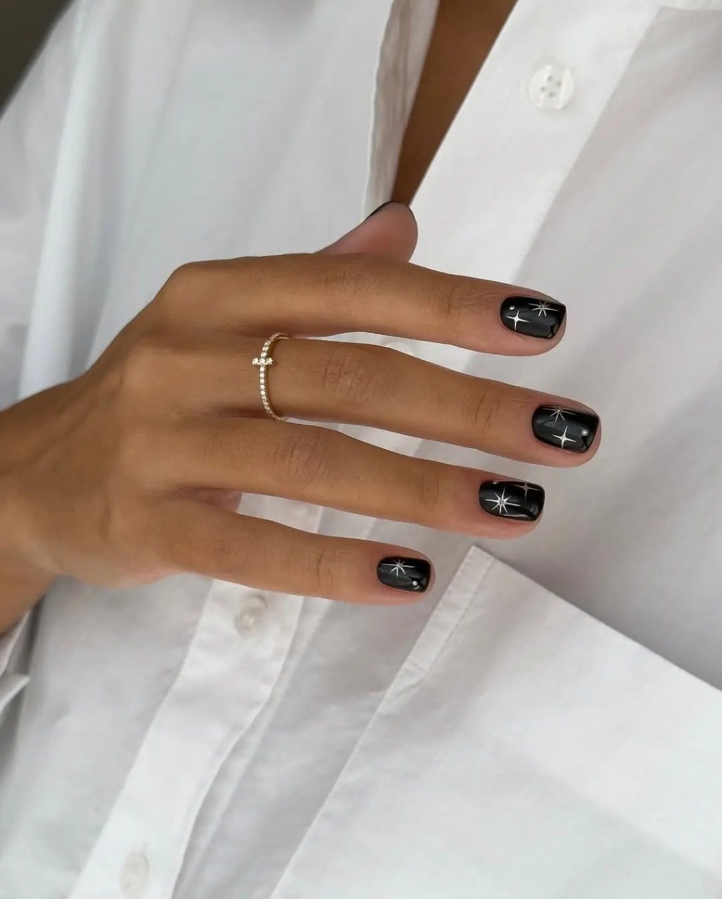 Glossy Black Short Square with Silver Stars Glossy Black Short Square with Silver Stars — Jet Black Nails 2027