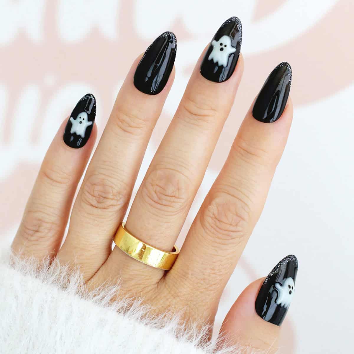 Black Almond Nails with White Ghosts Black Almond Nails with White Ghosts — Jet Black Nails 2027