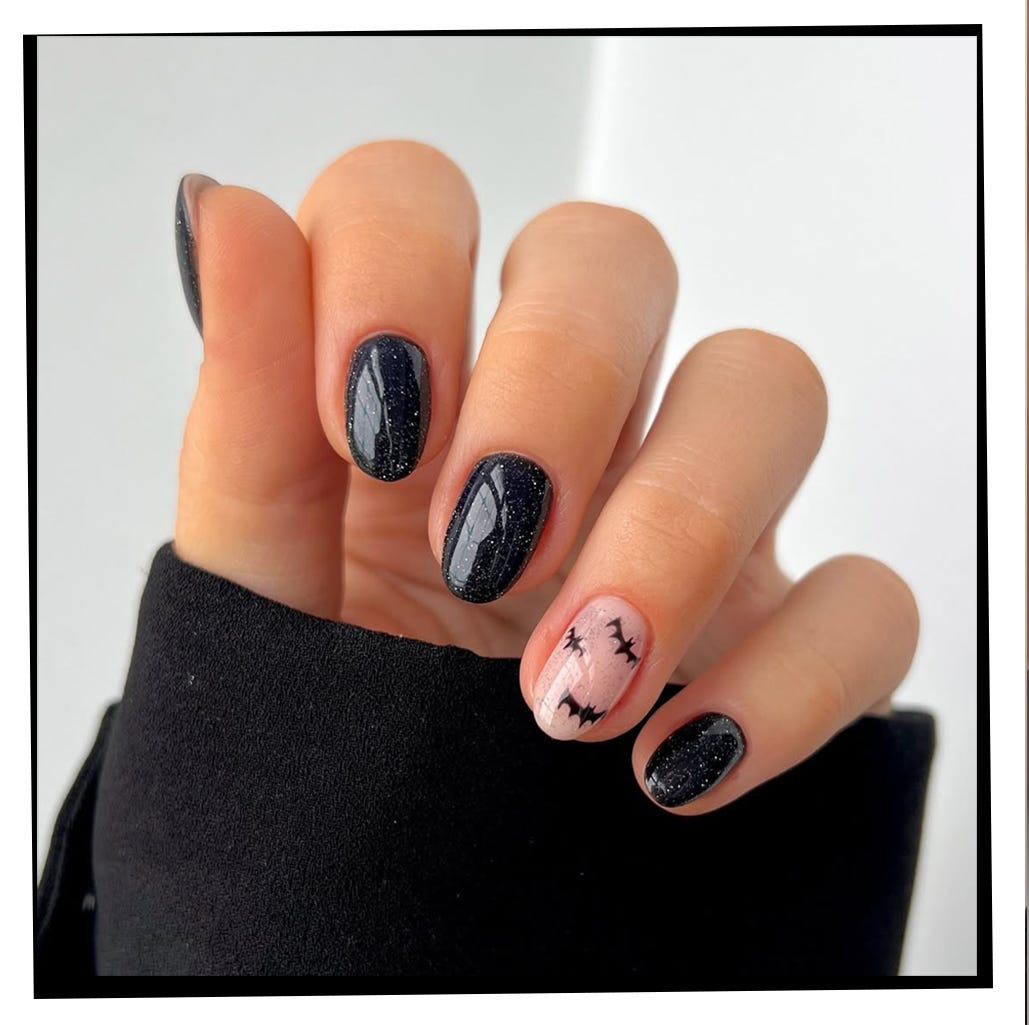 Sheer Nude with Black Bats Short Oval Sheer Nude with Black Bats Short Oval — Jet Black Nails 2027