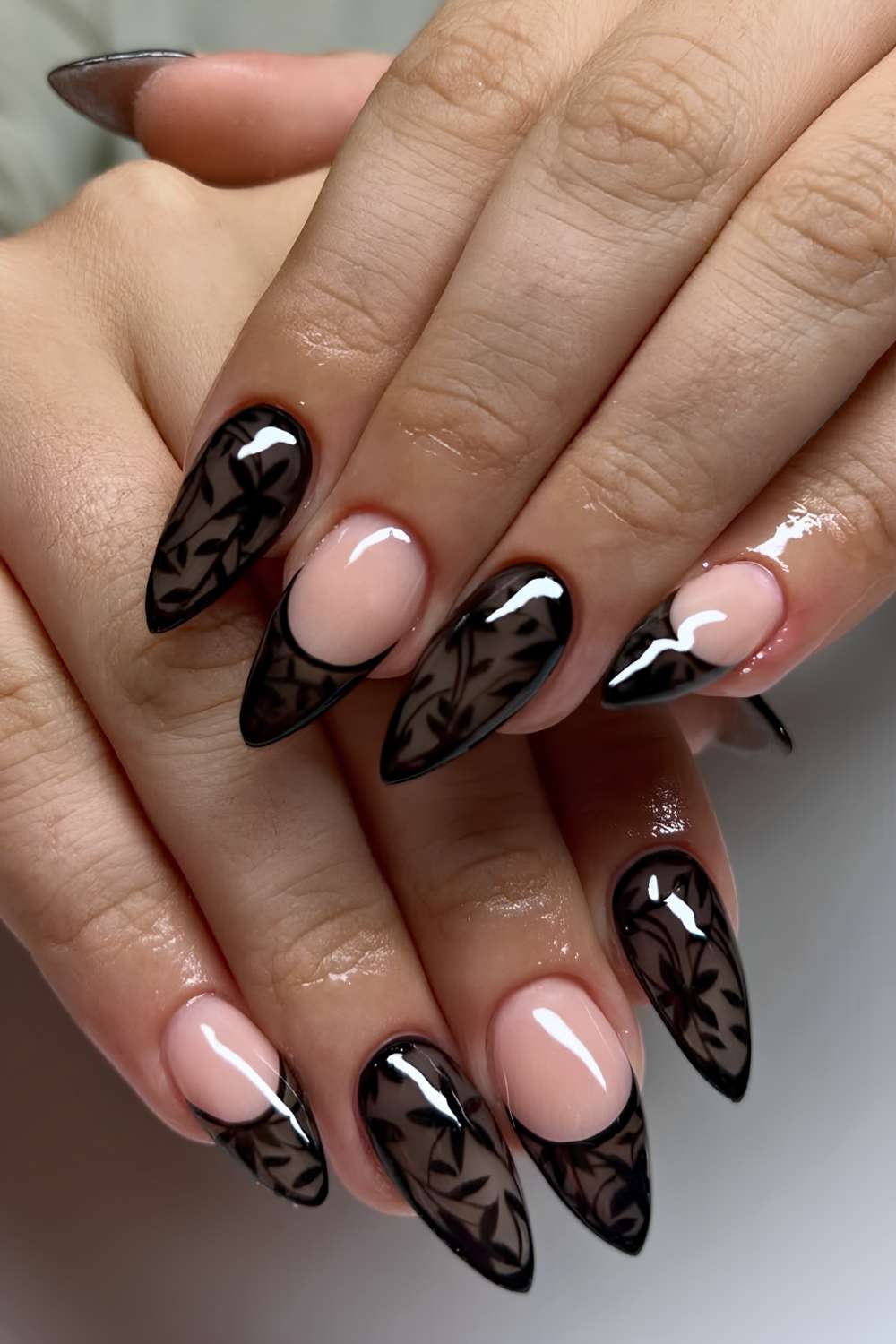 Glossy Black Lace Over Nude Stiletto Glossy Black Lace Over Nude Stiletto — Jet Black Nails 2027