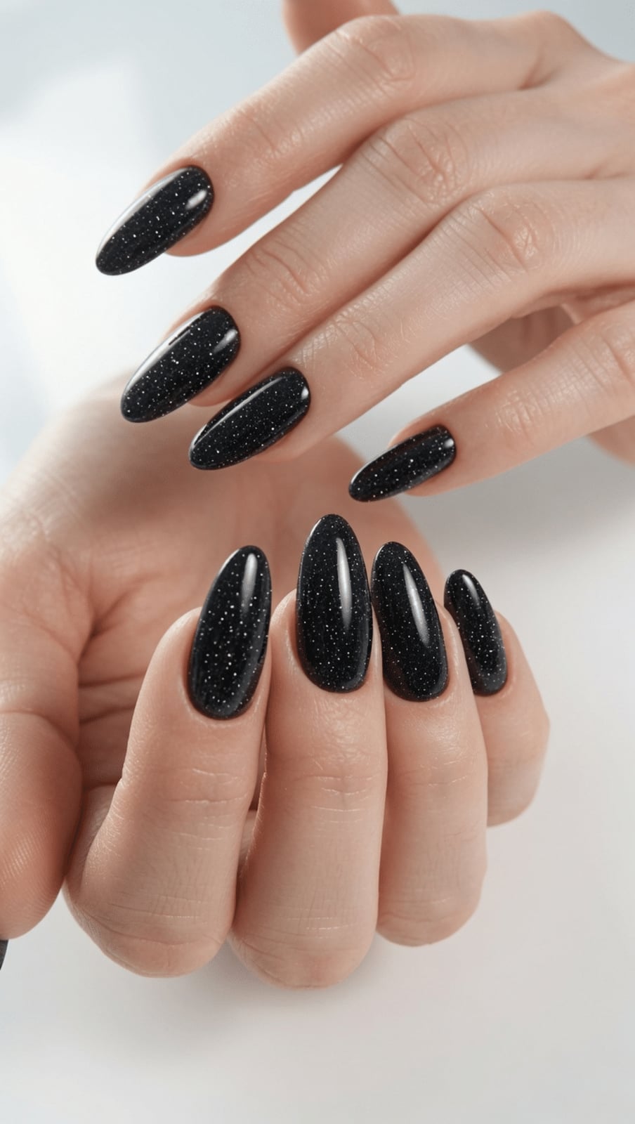 Black Oval Nails with Silver Glitter Black Oval Nails with Silver Glitter — Jet Black Nails 2027
