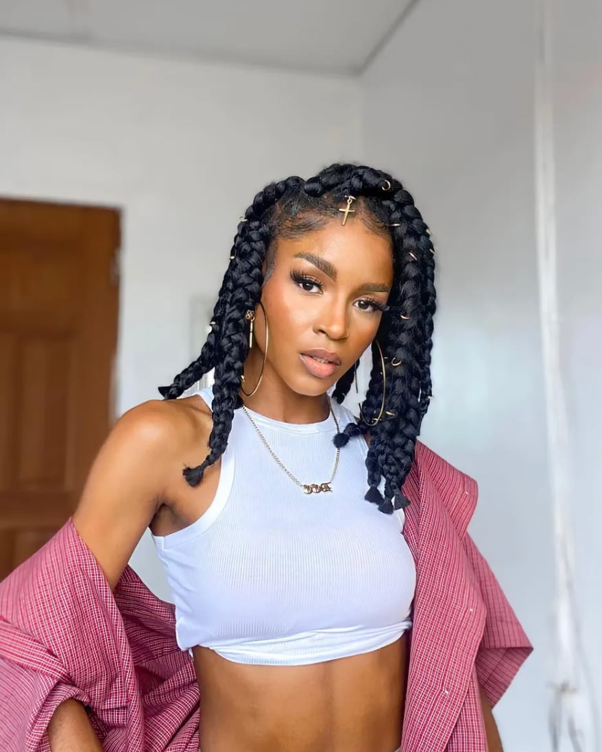Shoulder Length Box Braids With Gold Accessories — Jumbo Braided Hairstyles 2027