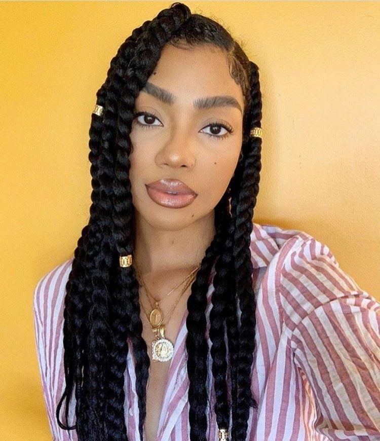 Mid-Back Twisted Braids With Gold Cuffs — Jumbo Braided Hairstyles 2027