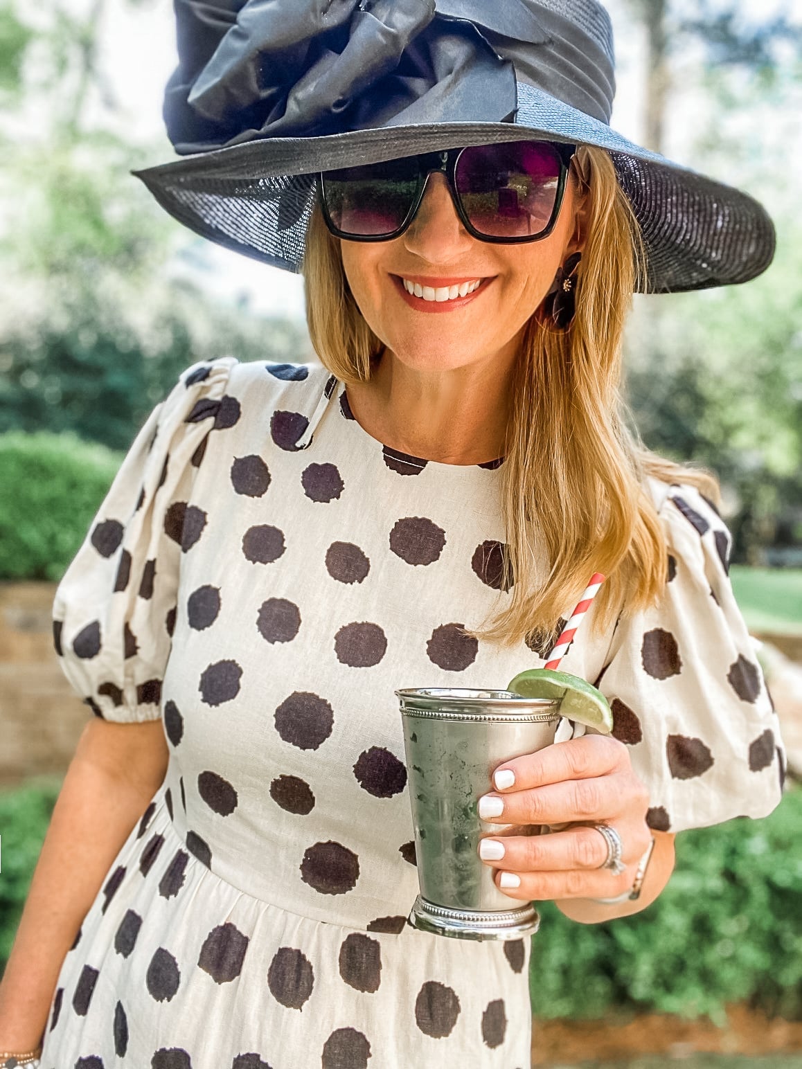 Cream Polka Dot Puff-Sleeve Dress with Black Hat — Kentucky Derby Dress 2027 with Hat