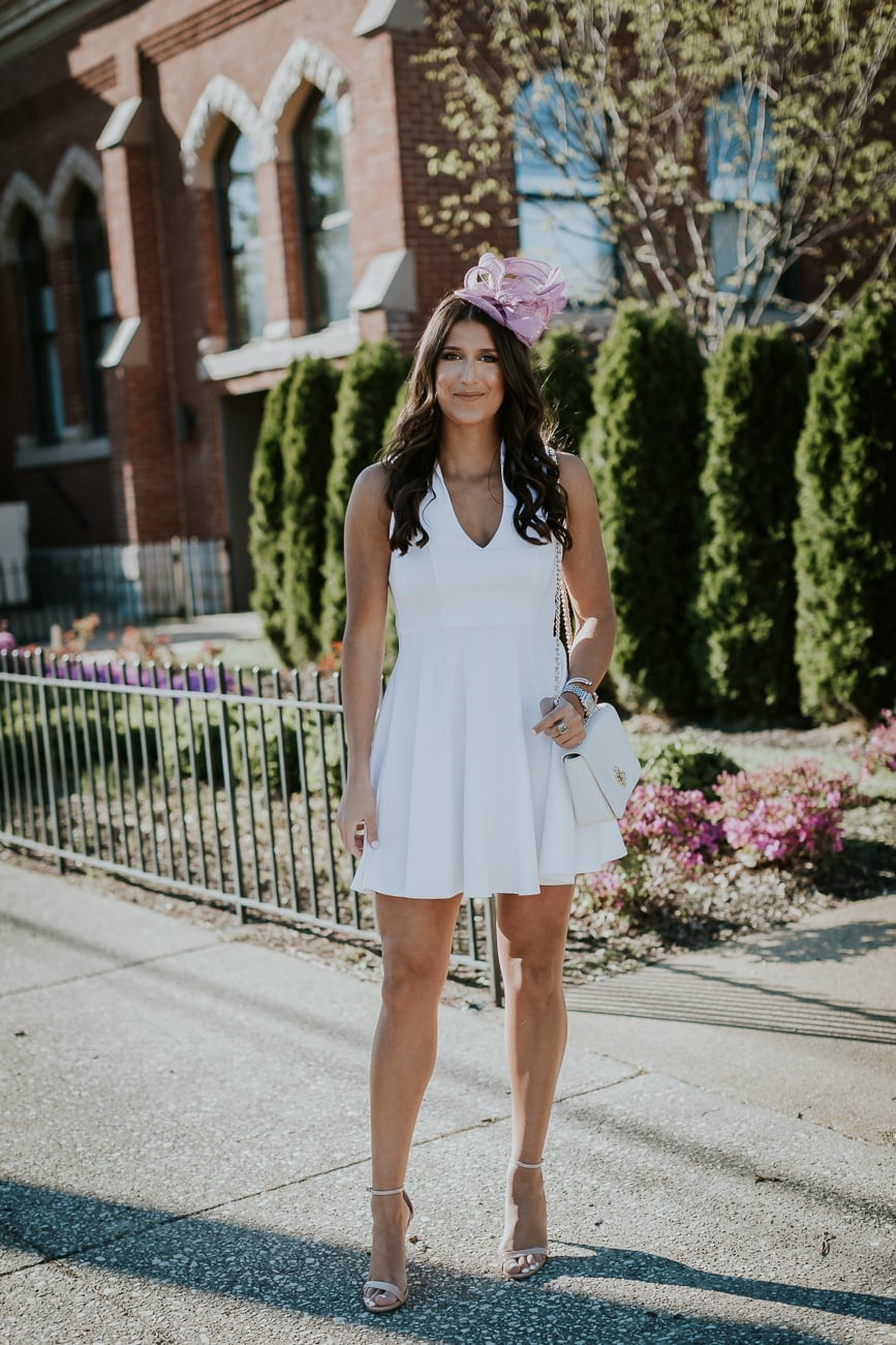 White A-Line Dress and Lavender Fascinator — Kentucky Derby Dress 2027 with Hat