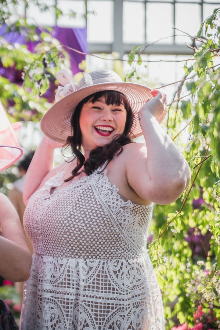 White Crocheted Lace Dress and Pink Hat — Kentucky Derby Dress 2027 with Hat