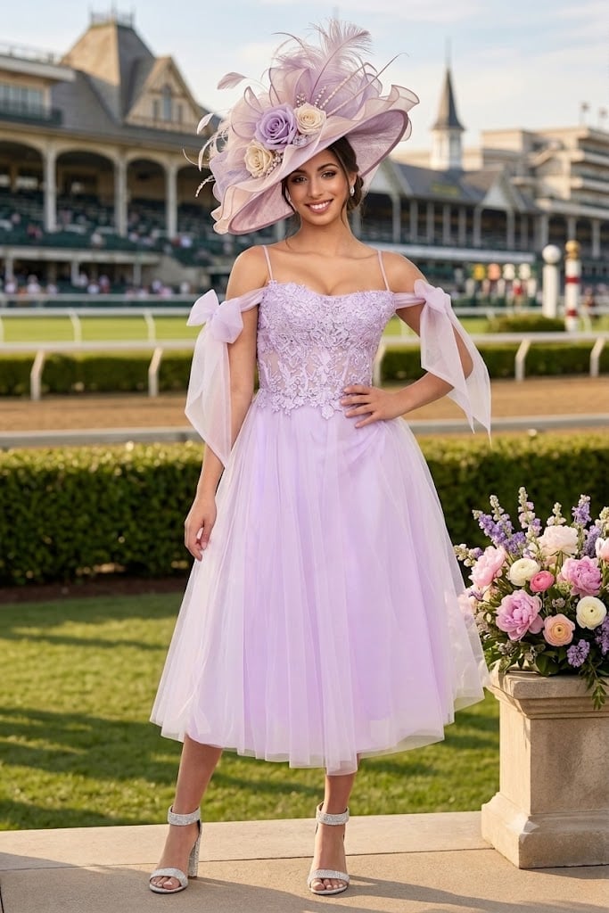 Lilac Off-the-Shoulder Dress and Floral Hat — Kentucky Derby Dress 2027 with Hat