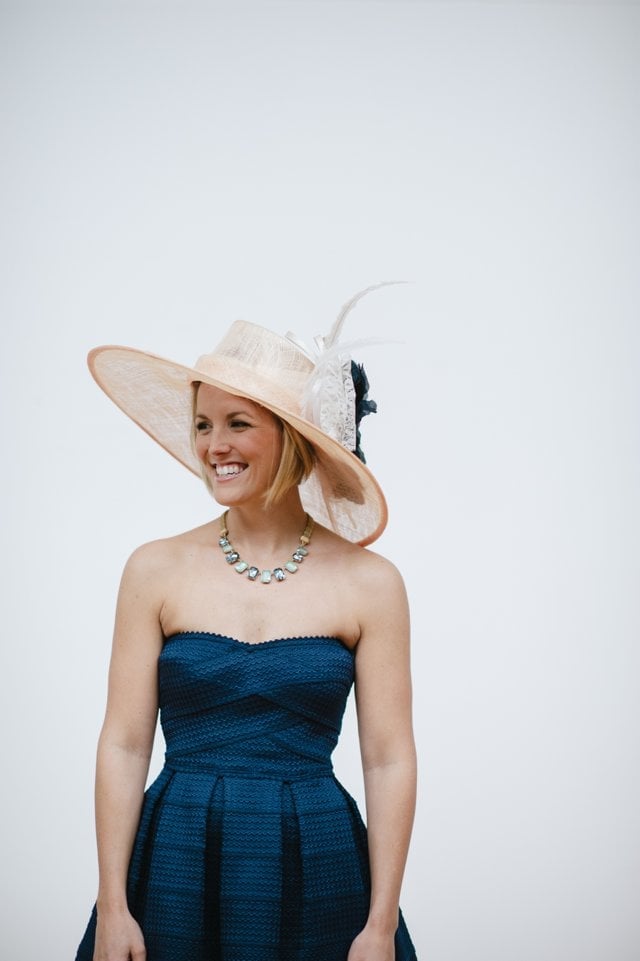Navy Strapless Textured Dress and Feathered Straw Hat — Kentucky Derby Dress 2027 with Hat