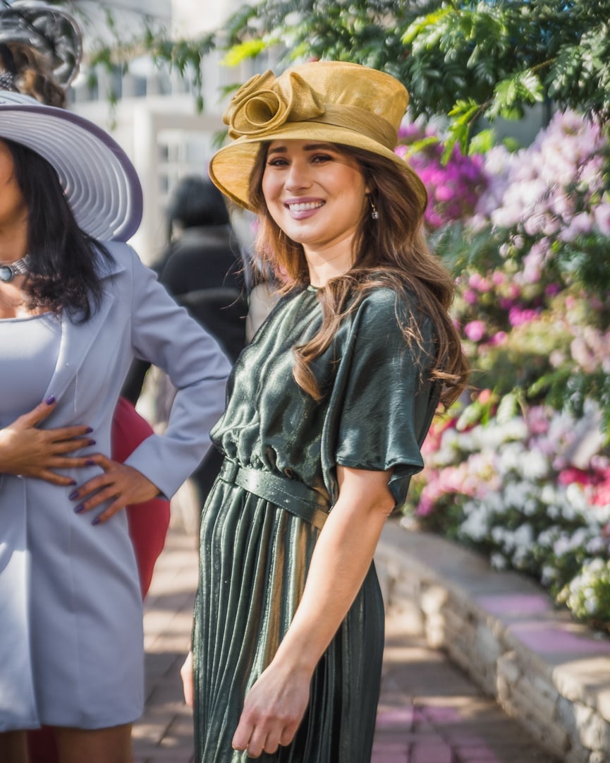Olive Green Metallic Knit Dress with Gold Hat — Kentucky Derby Dress 2027 with Hat