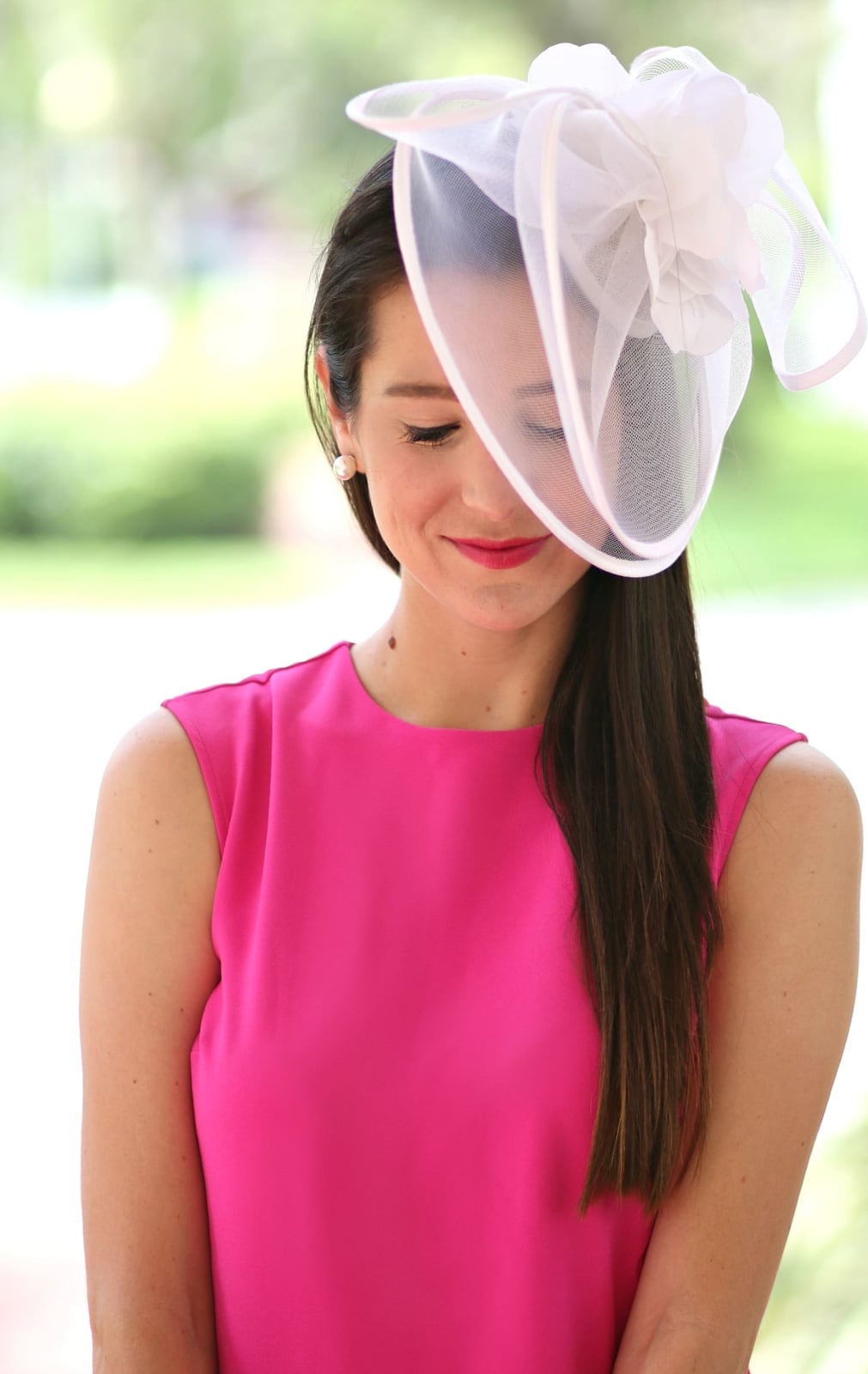 Fuchsia Crepe Dress and White Fascinator — Kentucky Derby Dress 2027 with Hat