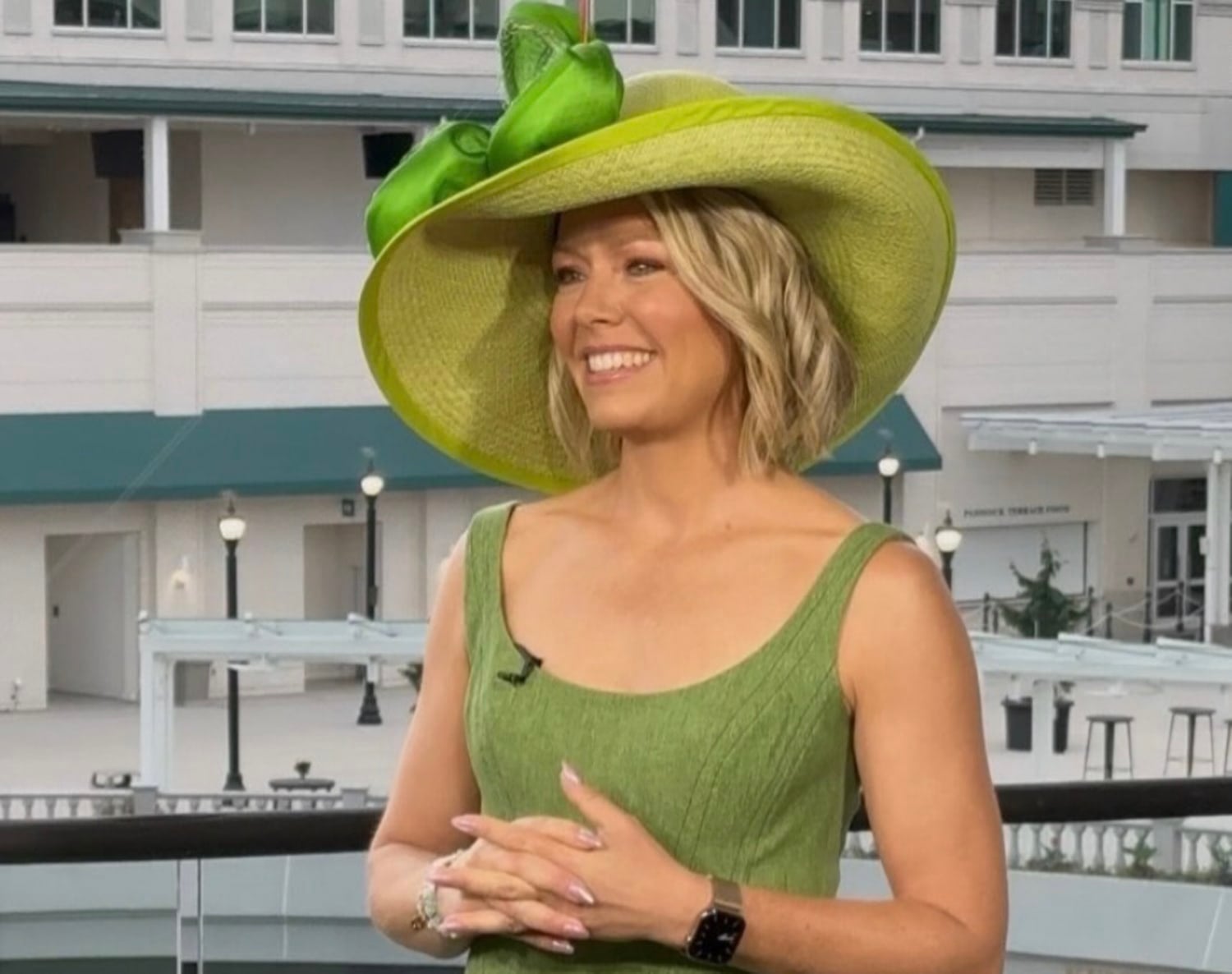 Lime Green Knit Dress and Dramatic Lime Green Hat — Kentucky Derby Dress 2027 with Hat