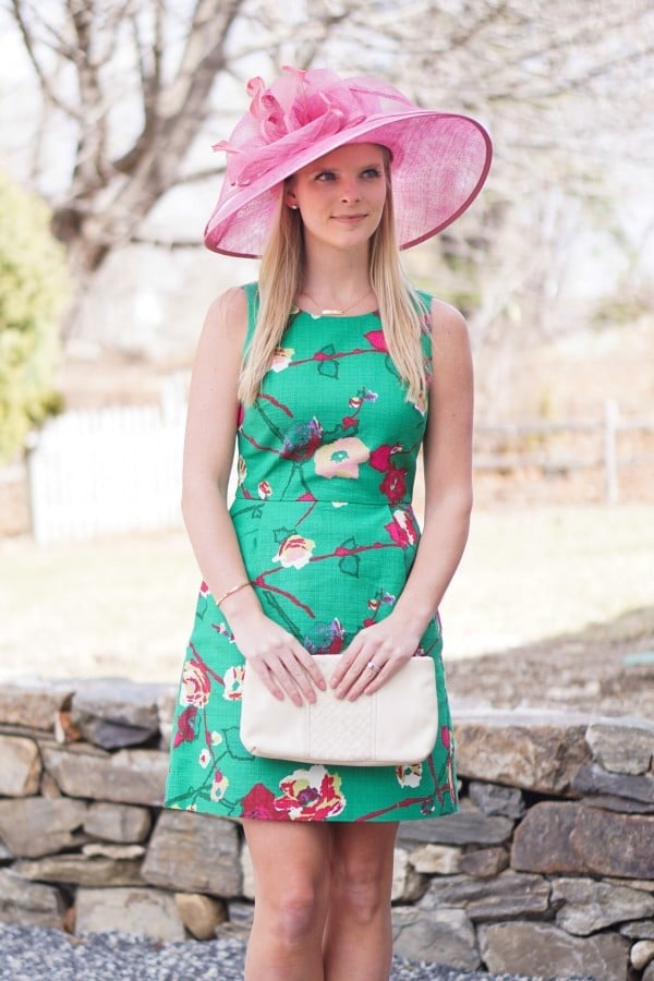 Green Floral Dress and Large Pink Hat — Kentucky Derby Dress 2027 with Hat