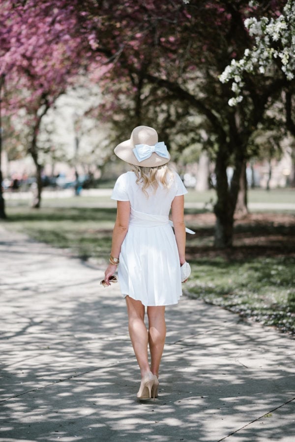 White Wrap Dress and Straw Hat with Pink Bow — Kentucky Derby Dress 2027 with Hat