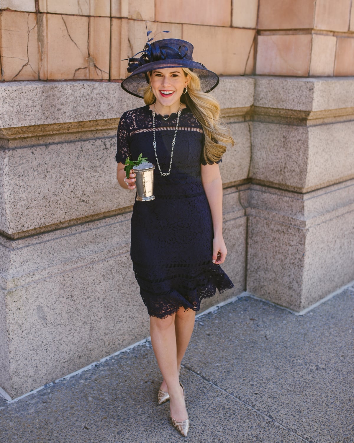 Navy Lace Midi Dress and Wide-Brim Navy Hat — Kentucky Derby Dress 2027 with Hat