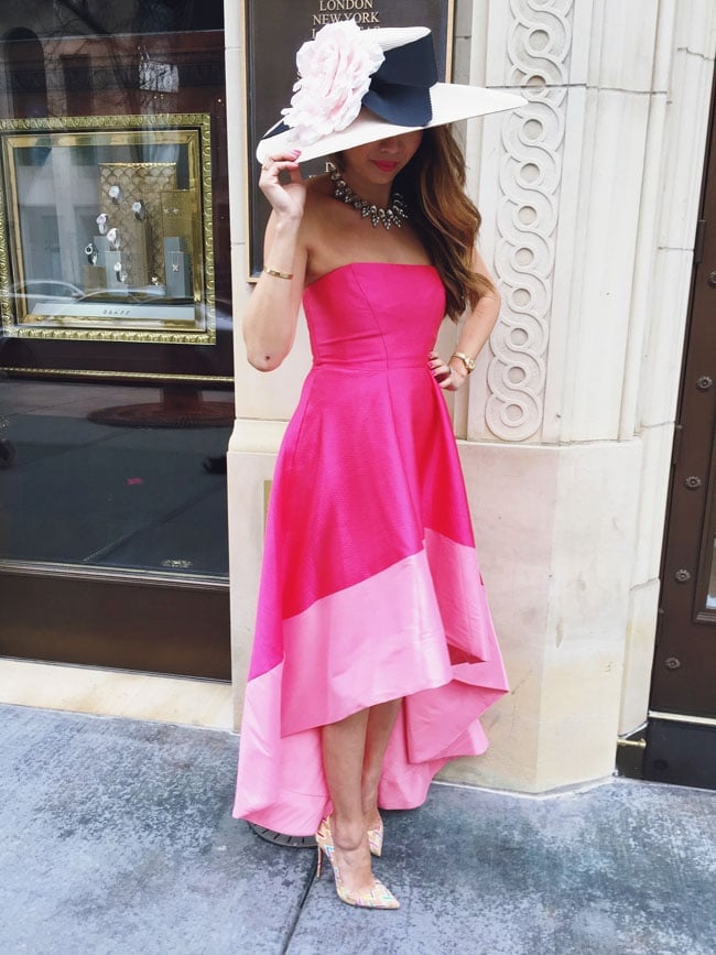 Color-Blocked High-Low Strapless Dress and Bow Hat — Kentucky Derby Dress 2027 with Hat