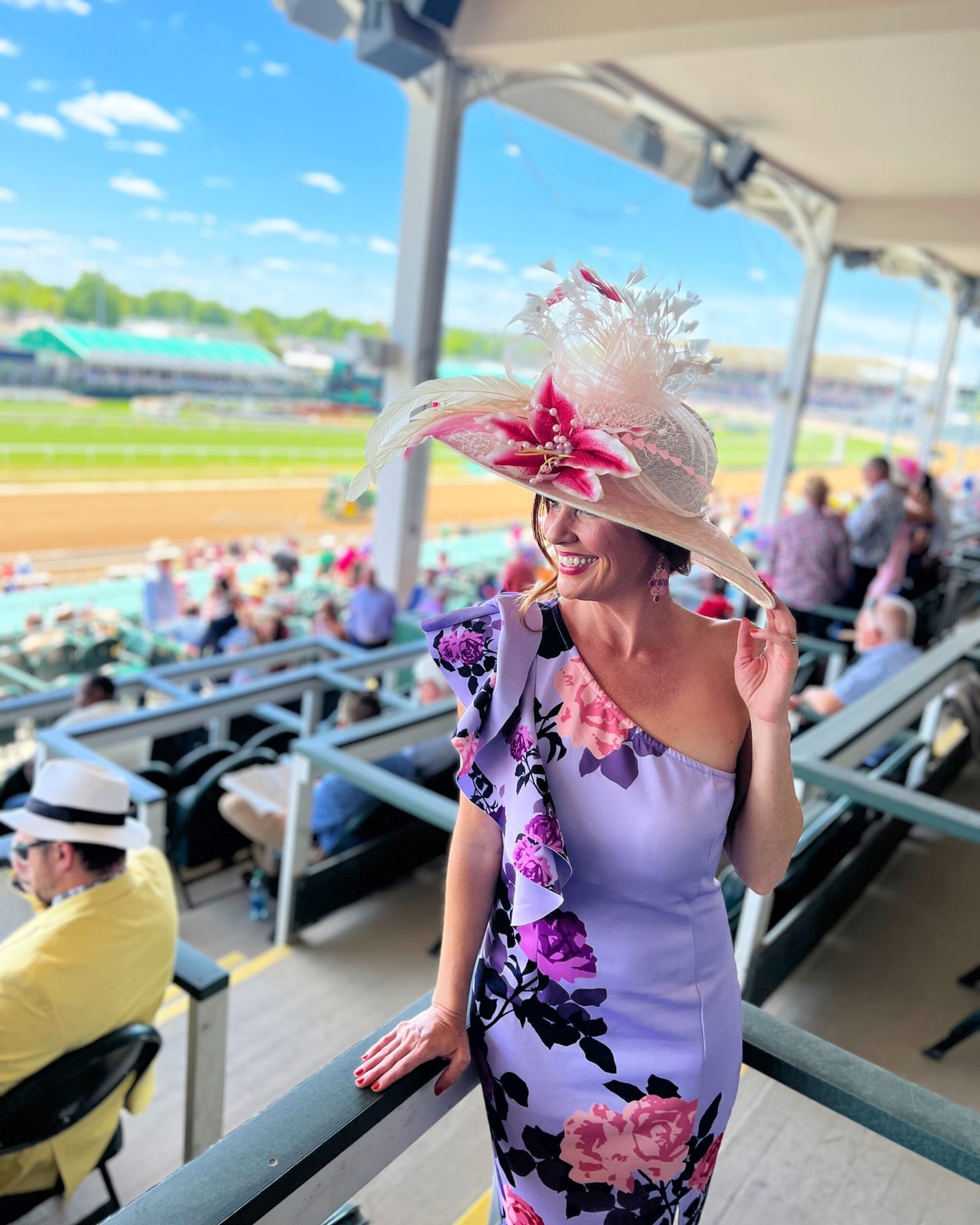Lavender One-Shoulder Floral Dress and Feathered Hat — Kentucky Derby Dress 2027 with Hat