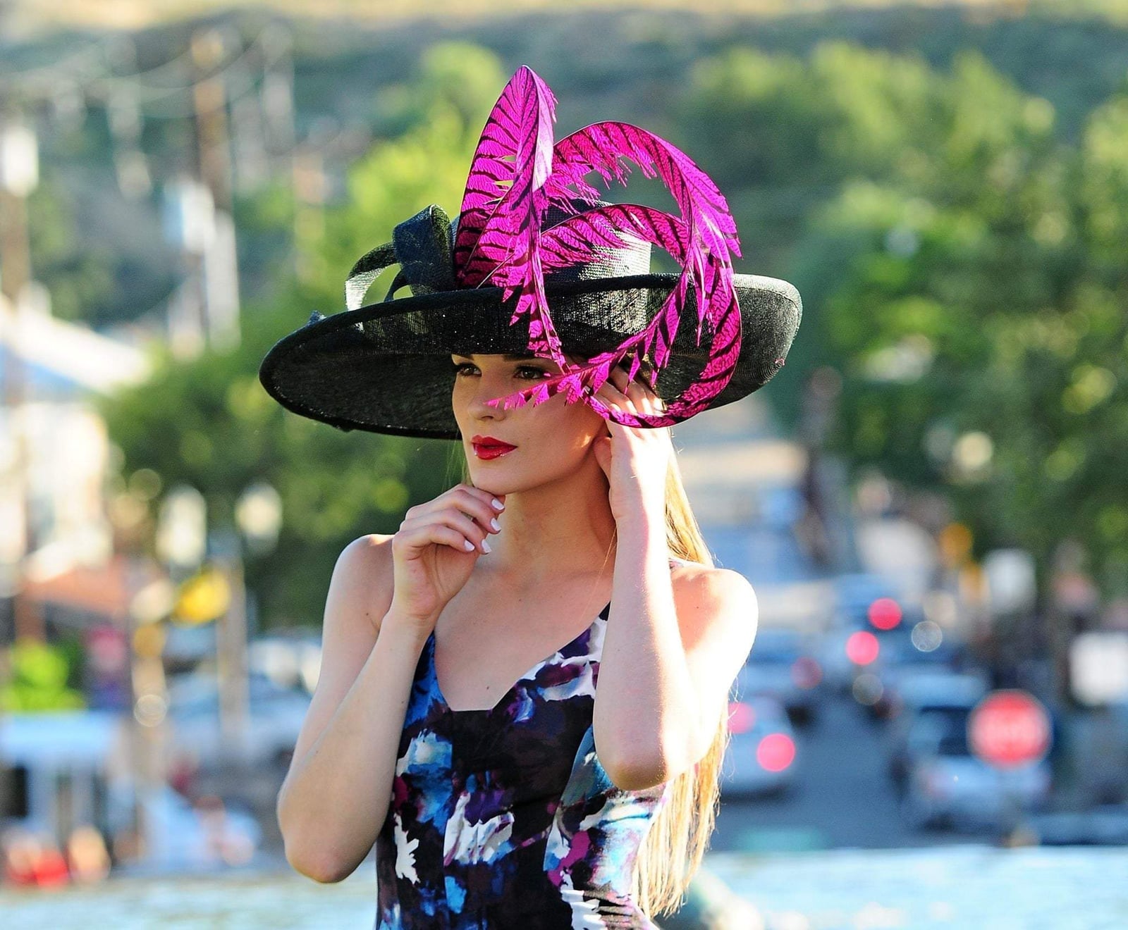 Black Wide-Brim Hat with Fuchsia Feathers — Kentucky Derby Dress 2027 with Hat