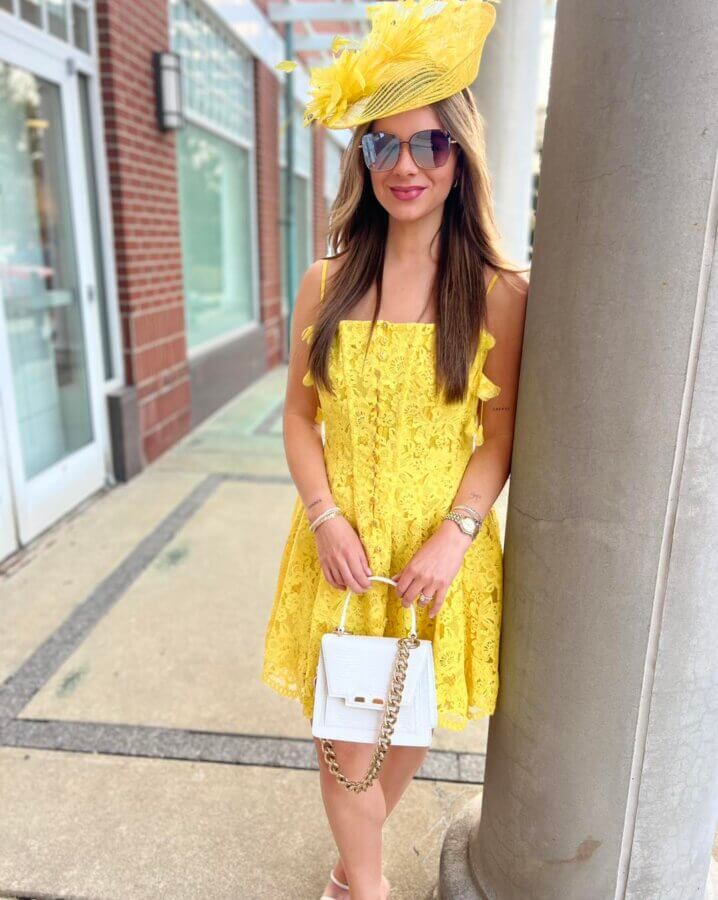 Yellow Lace A-Line Mini Dress and Yellow Fascinator — Kentucky Derby Dress 2027 with Hat