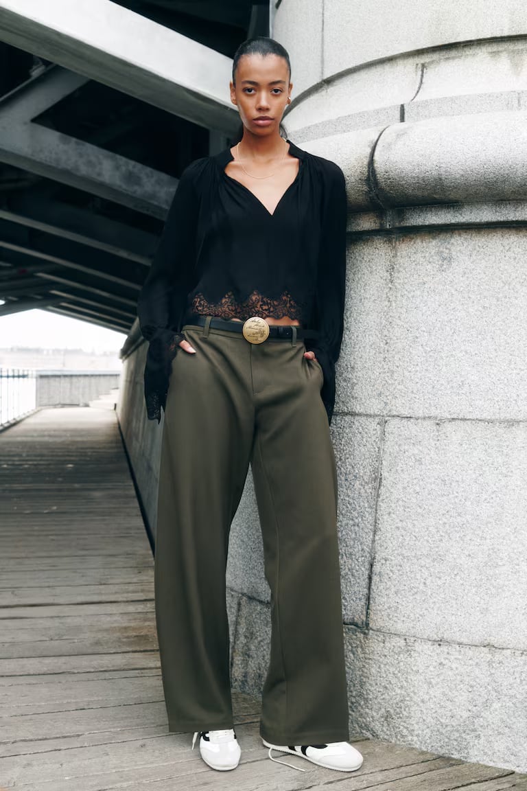 Olive Green Wide-Leg Pants With Lace Trim Blouse Olive Green Wide-Leg Pants With Lace Trim Blouse — Khaki Pants Outfits 2027
