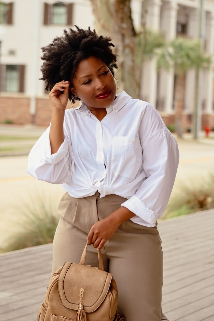 Khaki Wide-Leg Pants With Tied Button-Down Shirt Khaki Wide-Leg Pants With Tied Button-Down Shirt — Khaki Pants Outfits 2027