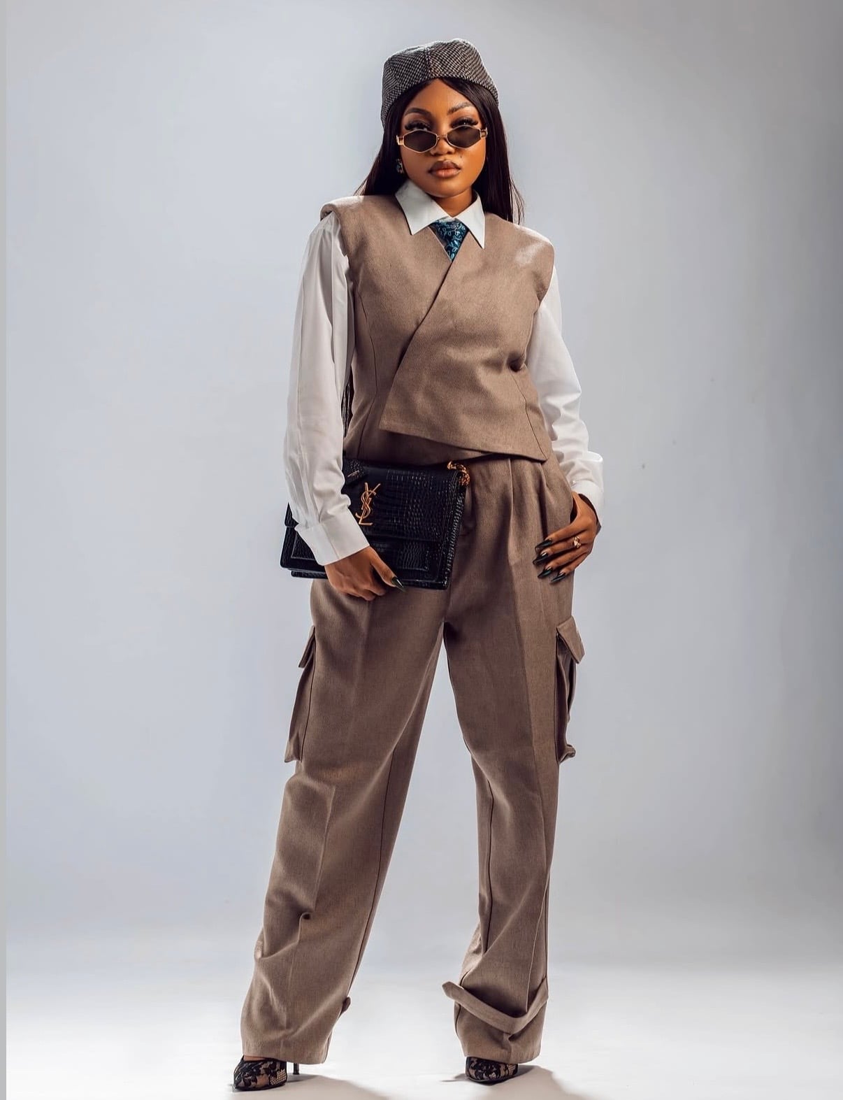 Brown Cargo Trousers With Wrap Vest And Tie Brown Cargo Trousers With Wrap Vest And Tie — Khaki Pants Outfits 2027