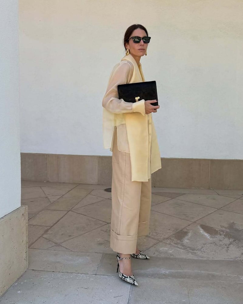 Cuffed Beige Trousers With Sheer Oversized Shirt Cuffed Beige Trousers With Sheer Oversized Shirt — Khaki Pants Outfits 2027
