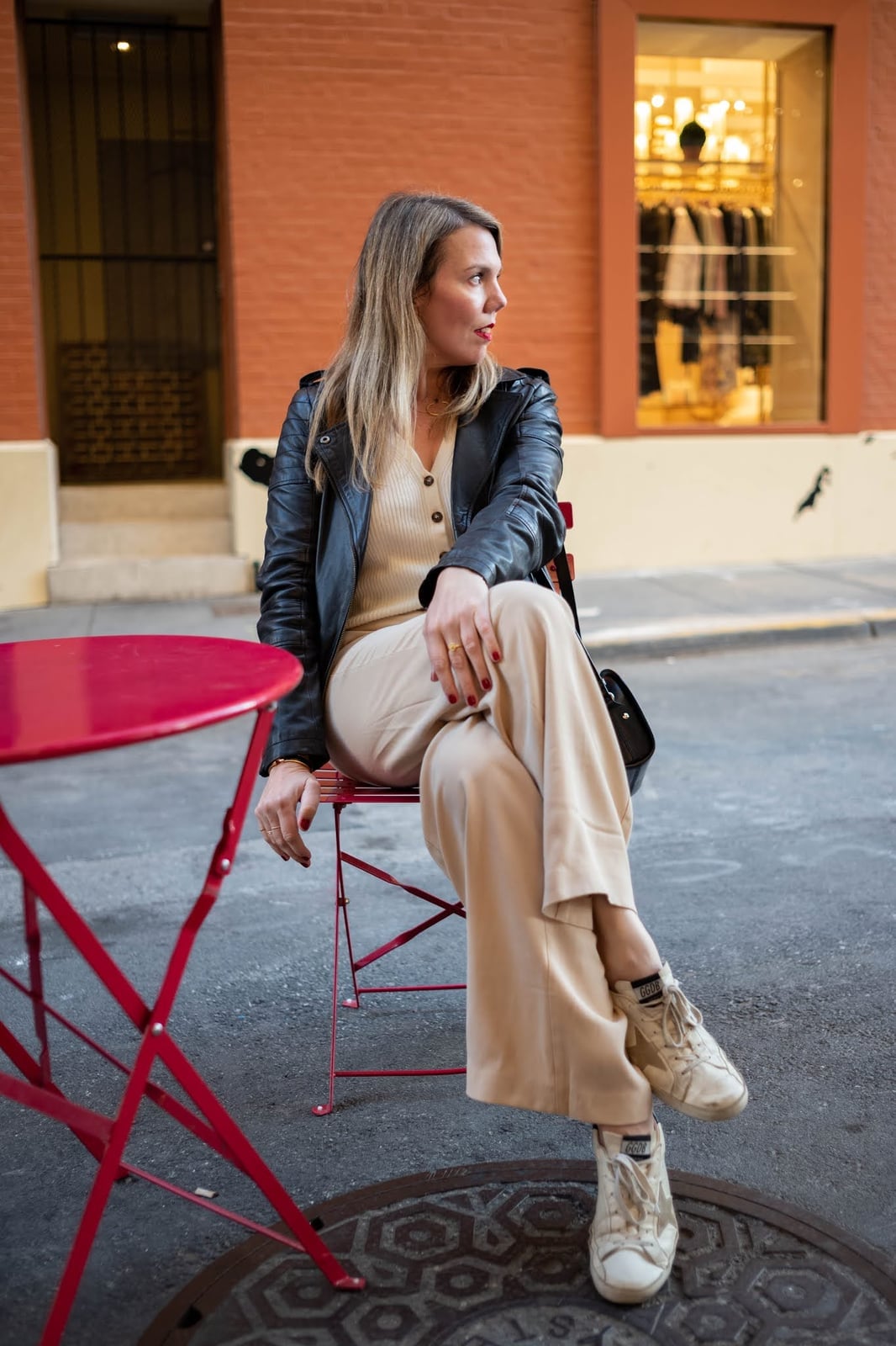 Beige Wide-Leg Trousers With Leather Moto Jacket, Ribbed Knit Beige Wide-Leg Trousers With Leather Moto Jacket, Ribbed Knit — Khaki Pants Outfits 2027