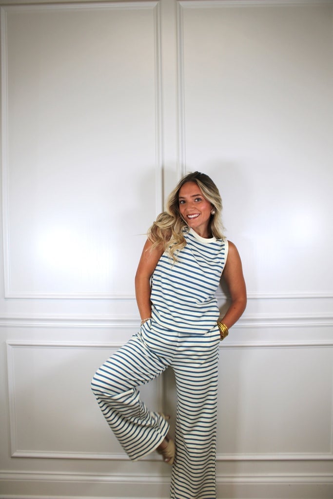 Navy and cream striped knit sleeveless top with wide leg pants Navy and cream striped knit sleeveless top with wide leg pants — Knit Set Outfits 2027