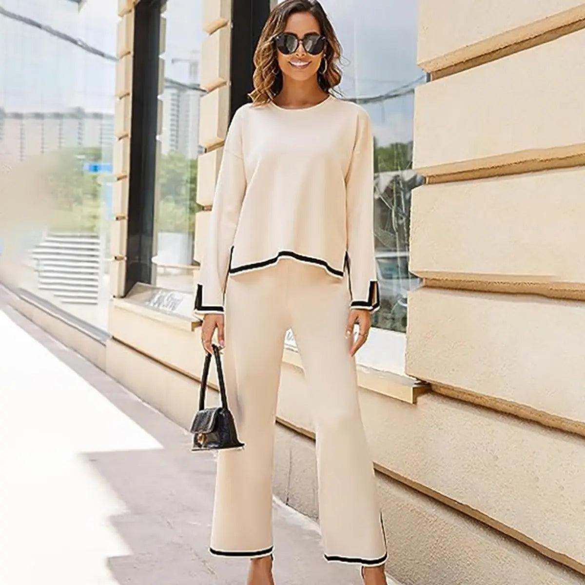 Cream knit sweater with black trim and matching wide leg pants Cream knit sweater with black trim and matching wide leg pants — Knit Set Outfits 2027