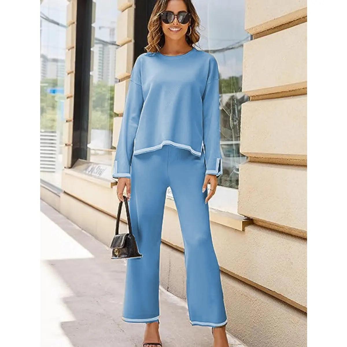 Light blue knit crewneck sweater and wide leg pants with white trim Light blue knit crewneck sweater and wide leg pants with white trim — Knit Set Outfits 2027
