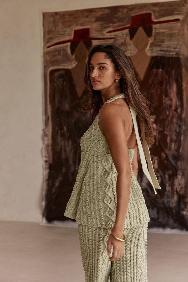 Sage green textured knit halter top and wide leg pants Sage green textured knit halter top and wide leg pants — Knit Set Outfits 2027