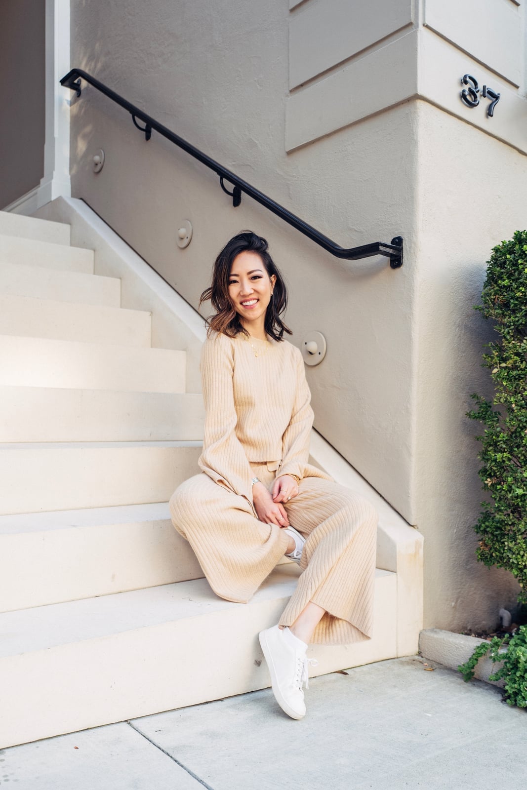 Beige ribbed knit long sleeve top and wide leg pants Beige ribbed knit long sleeve top and wide leg pants — Knit Set Outfits 2027