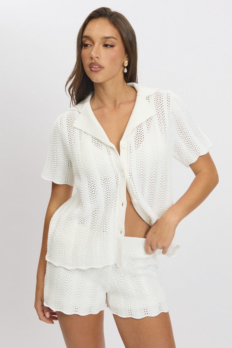 White crochet knit collared shirt and shorts, Close-Up Take White crochet knit collared shirt and shorts, Close-Up Take — Knit Set Outfits 2027