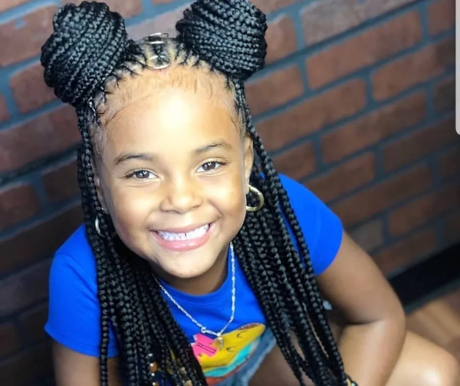 Mid-Back Black Braids in Two Space Buns — Knotless Braids 2027 for Teens