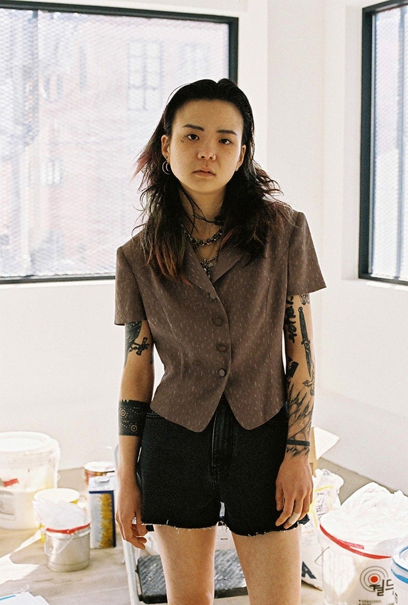Patterned Blazer With Denim Shorts Patterned Blazer With Denim Shorts — Korean Streetwear Outfits 2027