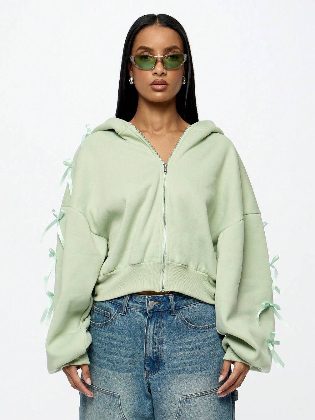 Zip-Up Hoodie With Bow Details and Jeans, Office-Safe Version Zip-Up Hoodie With Bow Details and Jeans, Office-Safe Version — Korean Streetwear Outfits 2027