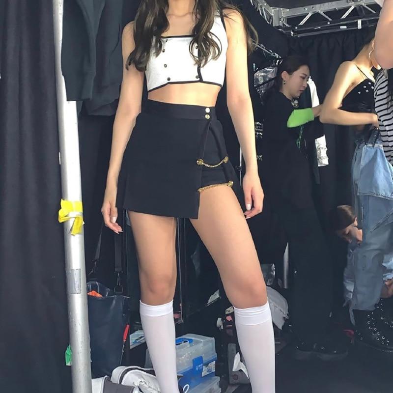 Crop Top With Chain Detail Mini Skirt, White Knee-High Socks Crop Top With Chain Detail Mini Skirt, White Knee-High Socks — Korean Streetwear Outfits 2027