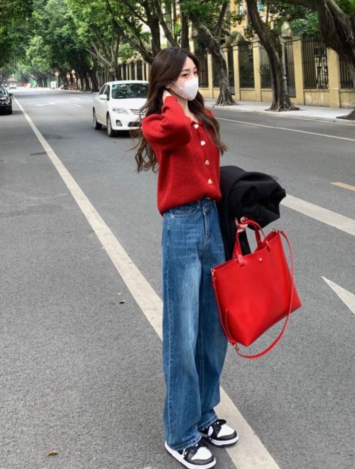 Red Cardigan With Wide-Leg Jeans, Black And White Sneakers Red Cardigan With Wide-Leg Jeans, Black And White Sneakers — Korean Streetwear Outfits 2027