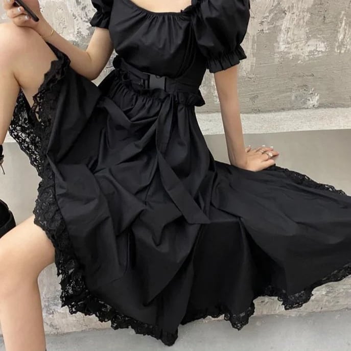 Gothic Black Dress With Puff Sleeves Gothic Black Dress With Puff Sleeves — Korean Streetwear Outfits 2027