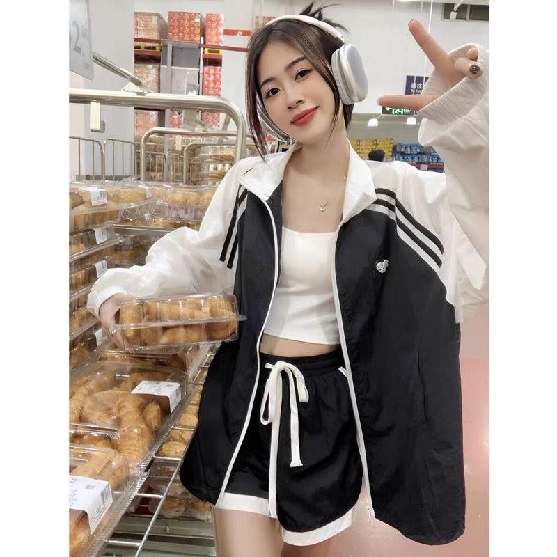 Colorblock Windbreaker With Crop Top And Shorts Colorblock Windbreaker With Crop Top And Shorts — Korean Streetwear Outfits 2027