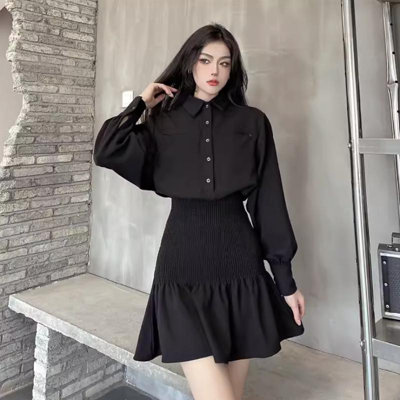 Collared Shirt Dress With Smocked Waist Collared Shirt Dress With Smocked Waist — Korean Streetwear Outfits 2027