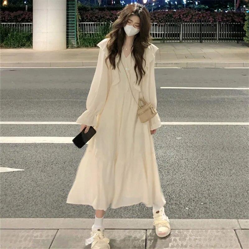 Ruffled Midi Dress With Sneakers Ruffled Midi Dress With Sneakers — Korean Streetwear Outfits 2027