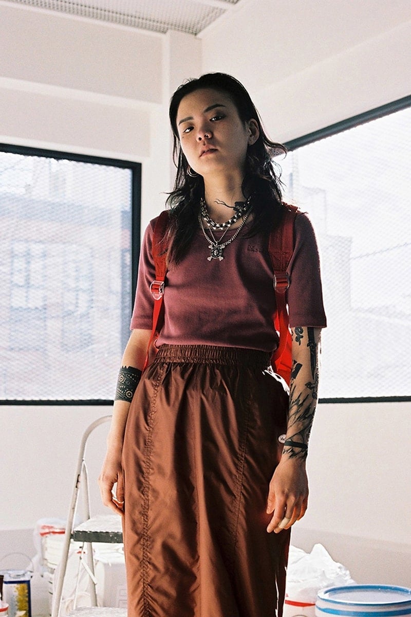 Burgundy T-Shirt With A-Line Skirt, Close-Up Take Burgundy T-Shirt With A-Line Skirt, Close-Up Take — Korean Streetwear Outfits 2027