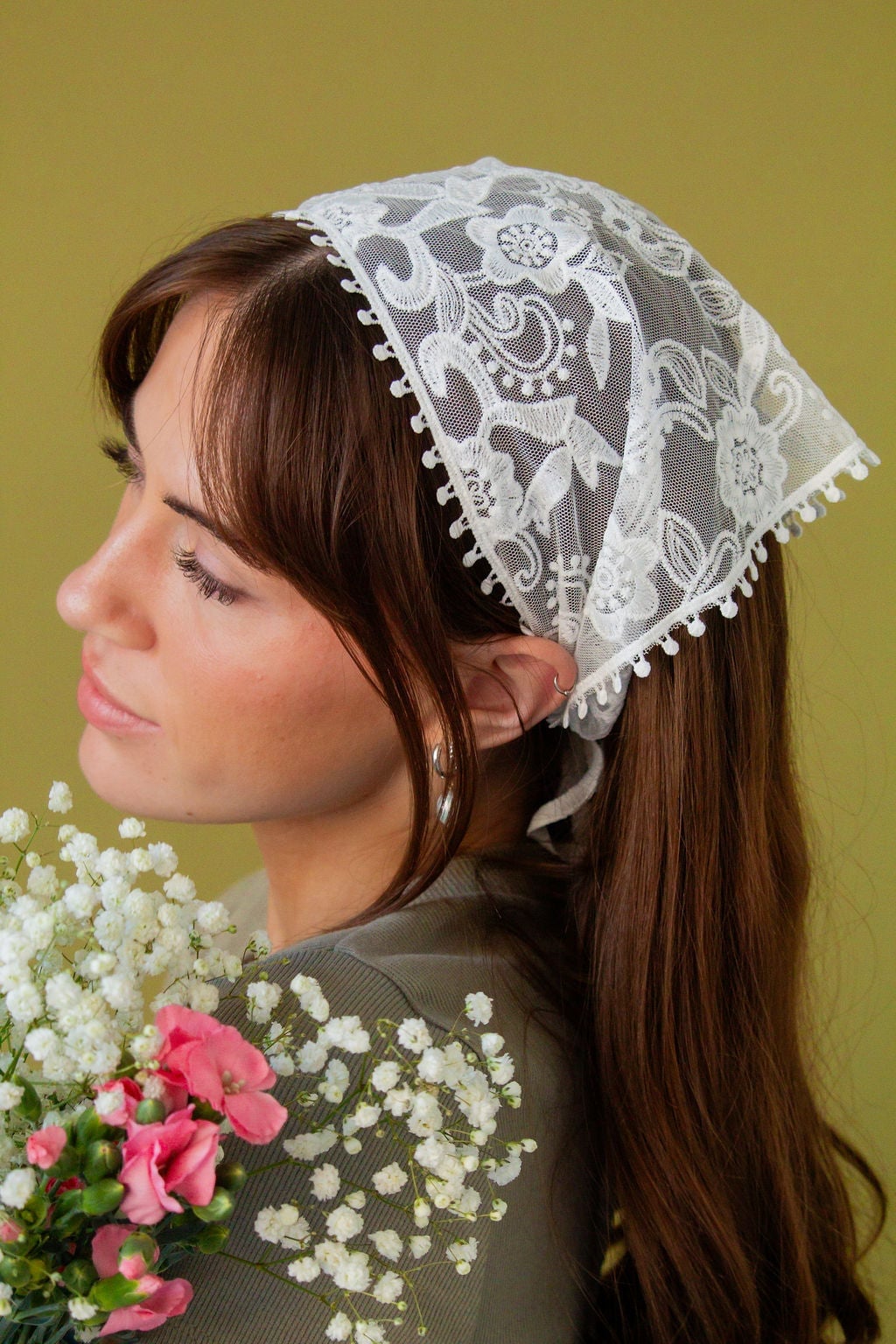 Olive T-shirt With Floral Lace Bandana, White — Lace Bandana Outfits 2027