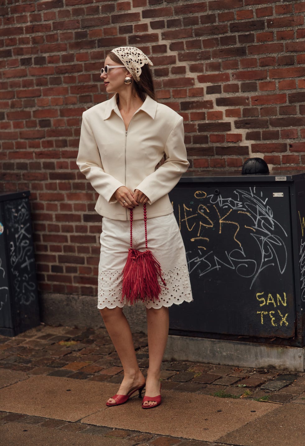 Cream Broderie Anglaise Set With Red Bag — Lace Bandana Outfits 2027