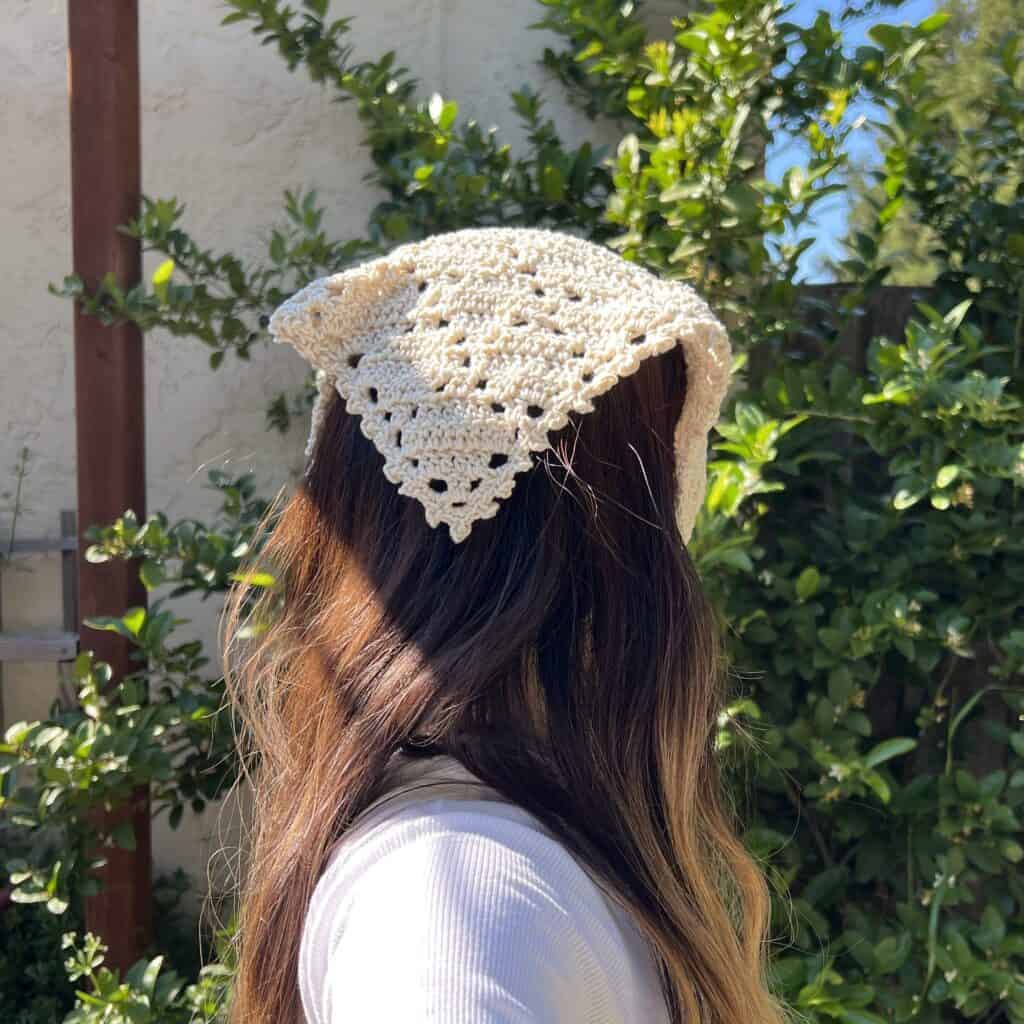 Cream Crochet Bandana With White Top — Lace Bandana Outfits 2027