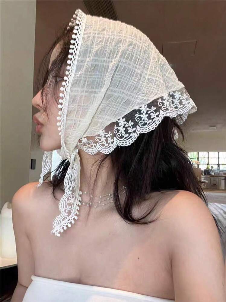 White Lace Headscarf With Pom-Poms — Lace Bandana Outfits 2027
