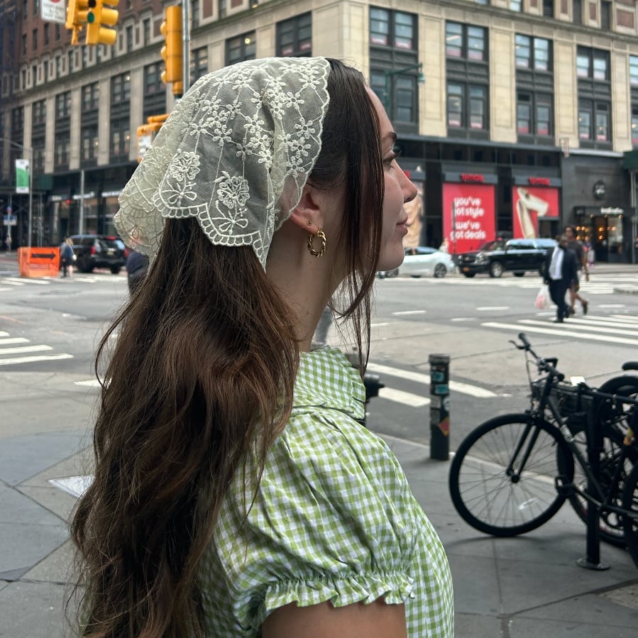 Green Gingham Top With White Lace Bandana — Lace Bandana Outfits 2027