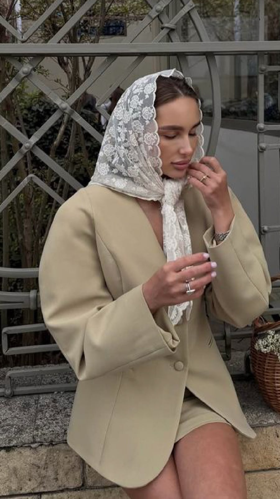 Beige Blazer With White Lace Headscarf — Lace Bandana Outfits 2027