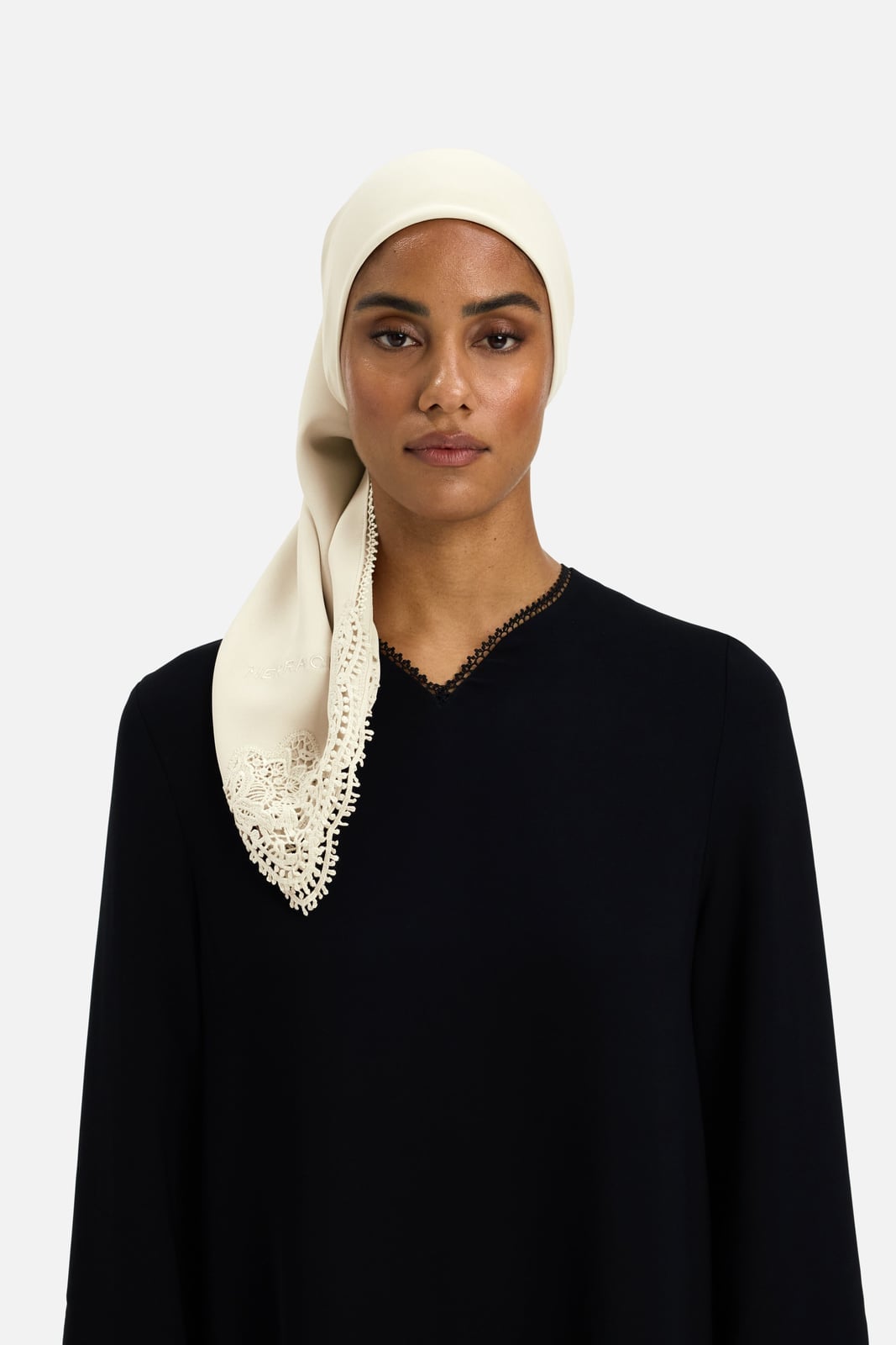 Black Top With Cream Lace Trim Headscarf — Lace Bandana Outfits 2027